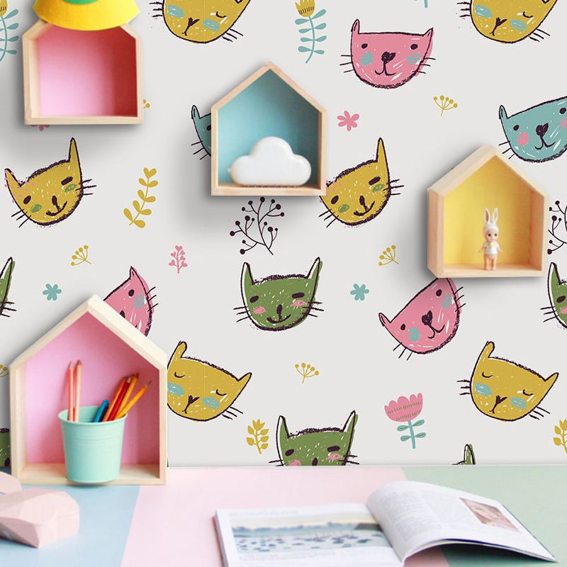 Novelty Cat Head Wallpaper Panels Cartoon PVC Wall Art in Yellow, Peel and Paste Yellow Clearhalo 'Wall Decor' 'Wallpaper' 1921985