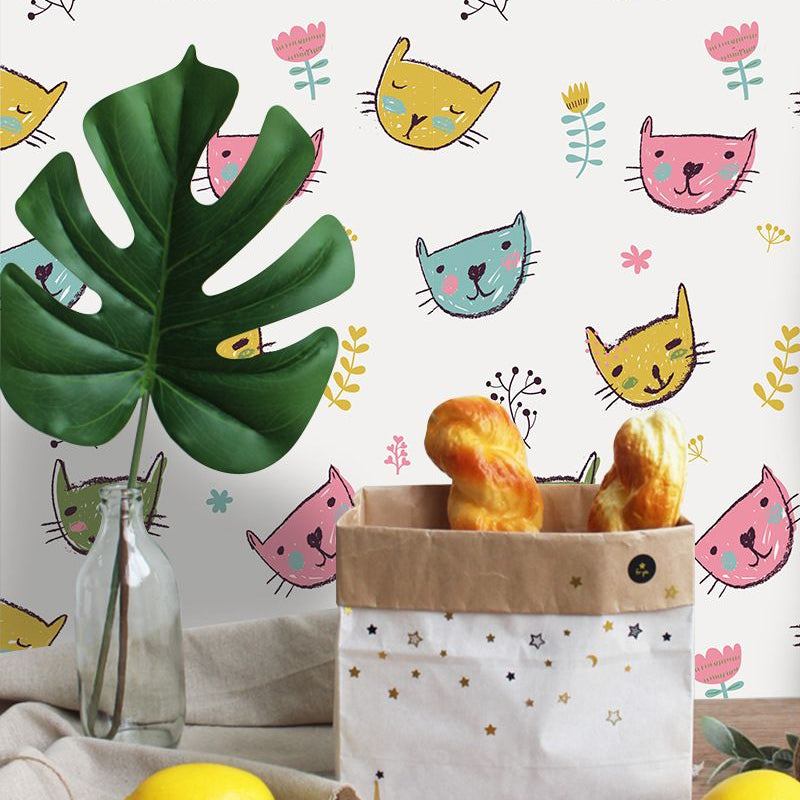 Novelty Cat Head Wallpaper Panels Cartoon PVC Wall Art in Yellow, Peel and Paste Clearhalo 'Wall Decor' 'Wallpaper' 1921986