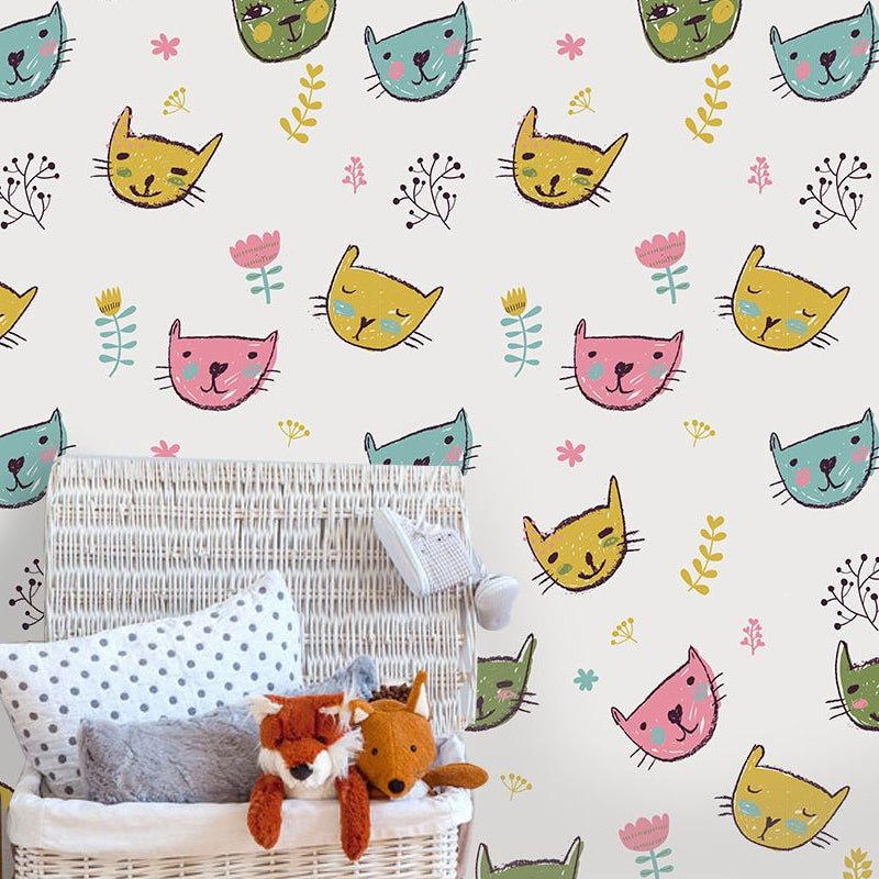 Novelty Cat Head Wallpaper Panels Cartoon PVC Wall Art in Yellow, Peel and Paste Clearhalo 'Wall Decor' 'Wallpaper' 1921987