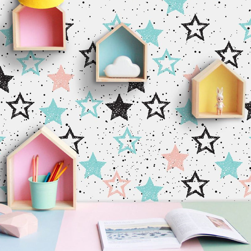 PVC Blue Wallpaper Panels Kids Star and Dot Print Self-Adhesive Wall Decor, 4' L x 20.5" W Blue Clearhalo 'Wall Decor' 'Wallpaper' 1922036