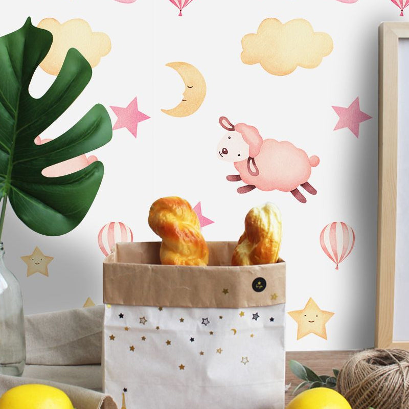 Pink Sheep Wallpaper Panel Set Animal Pattern Cartoon Peel off Wall Art for Baby Room Pink Clearhalo 'Wall Decor' 'Wallpaper' 1922046