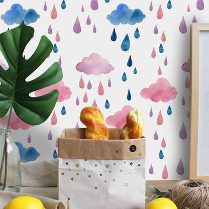 Cloud and Raindrop Peel Wallpaper Panels Childrens Art Nursery Wall Decor, 4' L x 20.5" W Pink Clearhalo 'Wall Decor' 'Wallpaper' 1922061