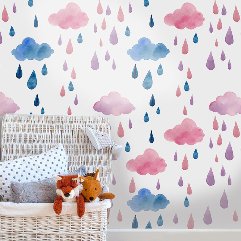Cloud and Raindrop Peel Wallpaper Panels Childrens Art Nursery Wall Decor, 4' L x 20.5" W Clearhalo 'Wall Decor' 'Wallpaper' 1922062