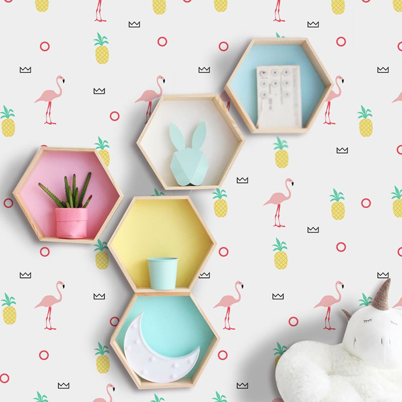 Self-Sticking Cartoon Wallpaper Panel Set Yellow-Pink Flamingo and Pineapple Print Wall Art, 4' x 20.5" Yellow Clearhalo 'Wall Decor' 'Wallpaper' 1922081