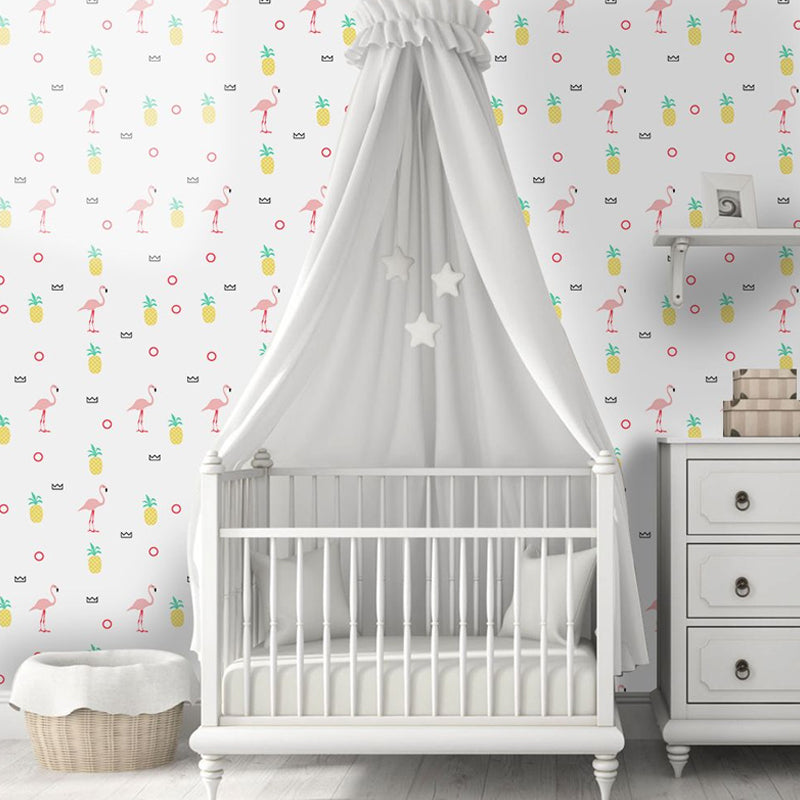 Self-Sticking Cartoon Wallpaper Panel Set Yellow-Pink Flamingo and Pineapple Print Wall Art, 4' x 20.5" Clearhalo 'Wall Decor' 'Wallpaper' 1922083