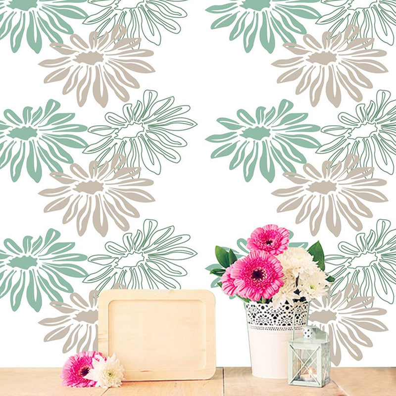 Rustic Daisy Flower Wallpaper Panels PVC Easy Peel off Green Wall Covering for Home Green Clearhalo 'Country wall decor' 'Rustic' 'Wallpaper' Wall Decor' 1922246