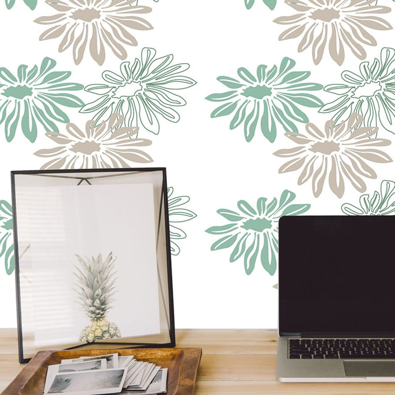 Rustic Daisy Flower Wallpaper Panels PVC Easy Peel off Green Wall Covering for Home Clearhalo 'Country wall decor' 'Rustic' 'Wallpaper' Wall Decor' 1922247