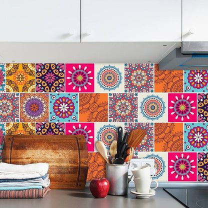 Boho-Chic Mandala Wallpaper Panels for Kitchen 8' L x 8" W Adhesive Wall Art in Orange Orange Clearhalo 'Wall Decor' 'Wallpaper' 1922402