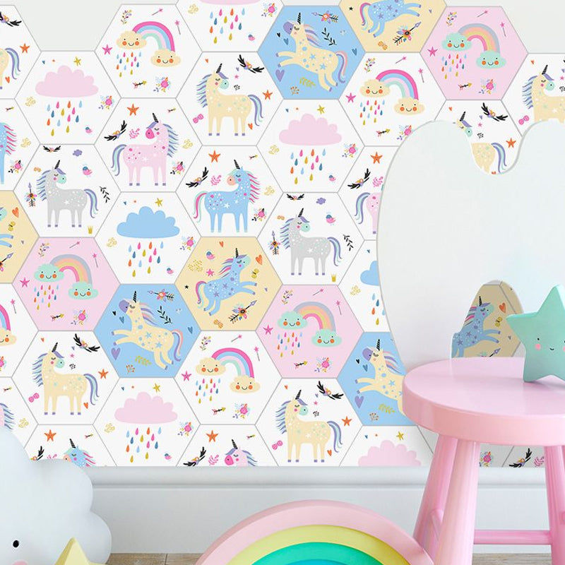 Pink Childrens Art Wallpaper Panels 9' x 8" Unicorn and Rainbow Print Wall Decor, Self-Stick Pink Clearhalo 'Wall Decor' 'Wallpaper' 1922577
