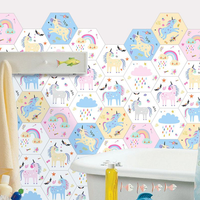 Pink Childrens Art Wallpaper Panels 9' x 8" Unicorn and Rainbow Print Wall Decor, Self-Stick Clearhalo 'Wall Decor' 'Wallpaper' 1922578
