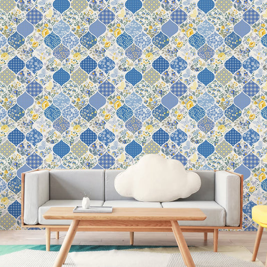 Blue Ogee Wallpaper Roll Flower Print Rustic Peel and Stick Wall Decor for Living Room Blue 1 Set Clearhalo 'Country wall decor' 'Rustic' 'Wallpaper' Wall Decor' 1922592