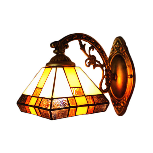 Stained Glass Tapered Wall Lighting 1 Head Mission Style Mini Wall Sconce Light in Antique Brass Clearhalo 'Industrial' 'Middle century wall lights' 'Tiffany wall lights' 'Tiffany' 'Wall Lamps & Sconces' 'Wall Lights' Lighting' 1922607