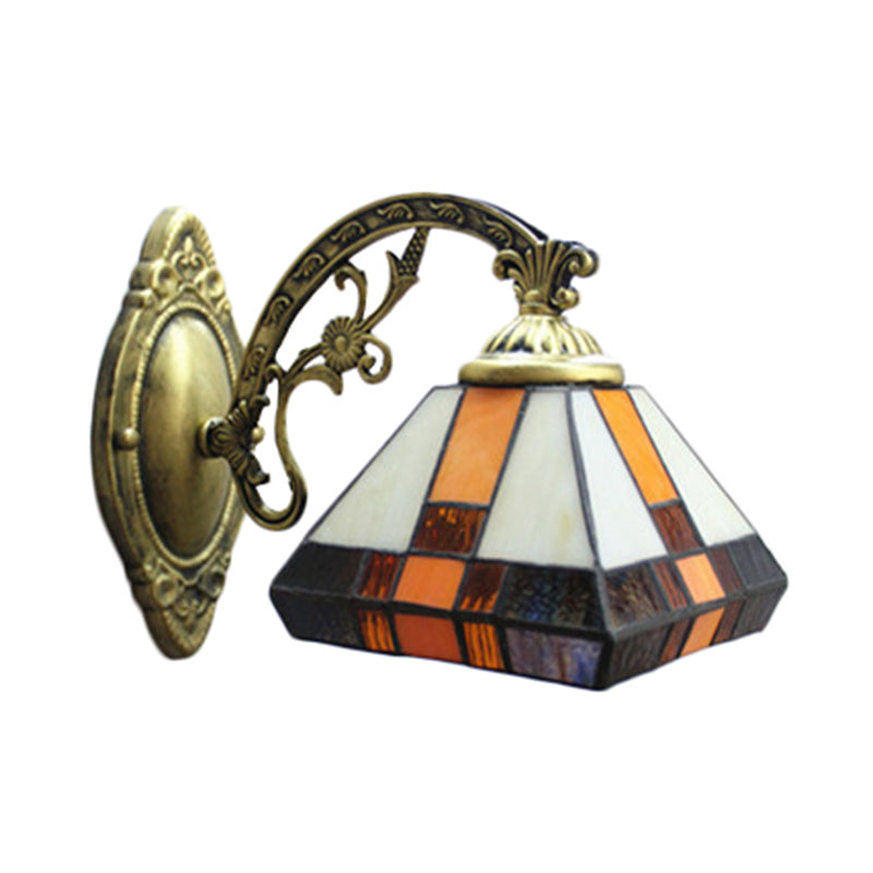Stained Glass Tapered Wall Lighting 1 Head Mission Style Mini Wall Sconce Light in Antique Brass Clearhalo 'Industrial' 'Middle century wall lights' 'Tiffany wall lights' 'Tiffany' 'Wall Lamps & Sconces' 'Wall Lights' Lighting' 1922608