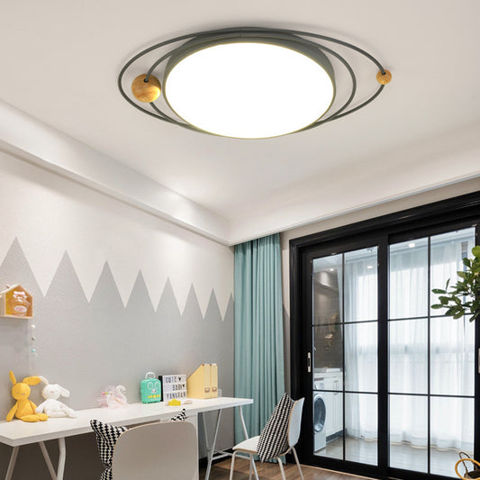 Drum Flush Lamp with Orbit Design Nordic Style Metal Led Indoor Flush Ceiling Light in Green/Grey/White, 21"/26"/31" W Clearhalo 'Ceiling Lights' 'Close To Ceiling Lights' 'Close to ceiling' 'Flush mount' Lighting' 1922637