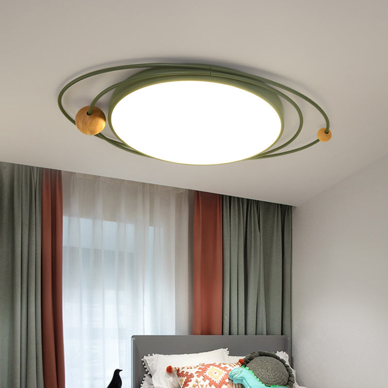 Drum Flush Lamp with Orbit Design Nordic Style Metal Led Indoor Flush Ceiling Light in Green/Grey/White, 21"/26"/31" W Green Clearhalo 'Ceiling Lights' 'Close To Ceiling Lights' 'Close to ceiling' 'Flush mount' Lighting' 1922640