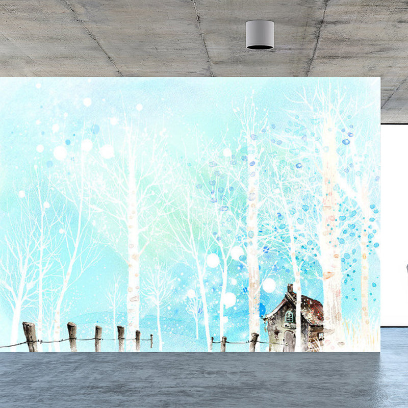 Giant Contemporary Wall Mural in Pastel Color Leafless Trees Wall Art, Custom Printed Blue Clearhalo 'Wall Decor' 'Wall Mural' 1922731