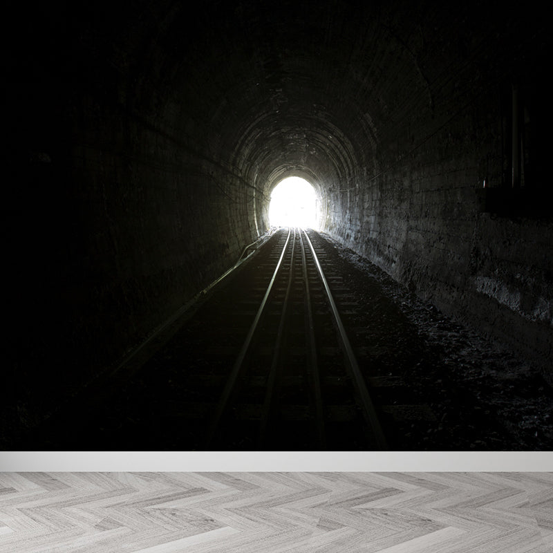 Photography Style Tunnel Mural Decal for Living Room, Pastel Color, Personalized Black Clearhalo 'Wall Decor' 'Wall Mural' 1922776