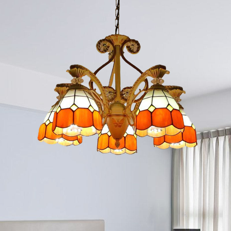 19"/19.5" W Orange/Blue Cut Glass Pendant Chandelier Dome 3/5 Lights Baroque Grid Patterned Ceiling Lamp with Curved Arm Clearhalo 'Ceiling Lights' 'Chandeliers' 'Industrial' 'Middle Century Chandeliers' 'Tiffany Chandeliers' 'Tiffany close to ceiling' 'Tiffany' Lighting' 1926795