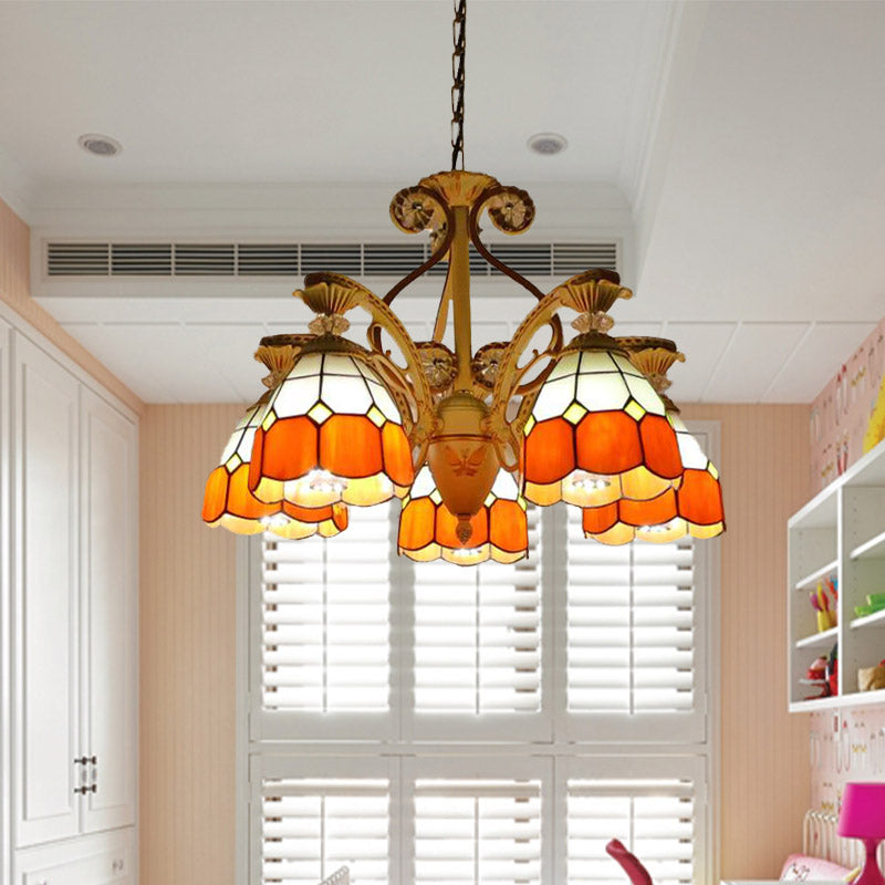 19"/19.5" W Orange/Blue Cut Glass Pendant Chandelier Dome 3/5 Lights Baroque Grid Patterned Ceiling Lamp with Curved Arm Orange 19.5" Clearhalo 'Ceiling Lights' 'Chandeliers' 'Industrial' 'Middle Century Chandeliers' 'Tiffany Chandeliers' 'Tiffany close to ceiling' 'Tiffany' Lighting' 1926796