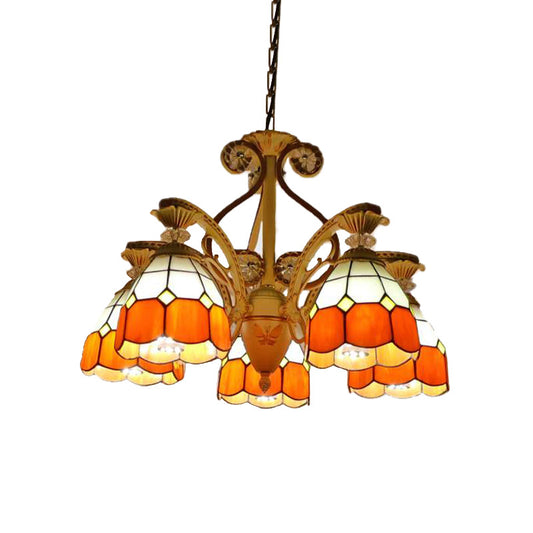 19"/19.5" W Orange/Blue Cut Glass Pendant Chandelier Dome 3/5 Lights Baroque Grid Patterned Ceiling Lamp with Curved Arm Clearhalo 'Ceiling Lights' 'Chandeliers' 'Industrial' 'Middle Century Chandeliers' 'Tiffany Chandeliers' 'Tiffany close to ceiling' 'Tiffany' Lighting' 1926798