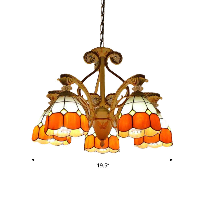 19"/19.5" W Orange/Blue Cut Glass Pendant Chandelier Dome 3/5 Lights Baroque Grid Patterned Ceiling Lamp with Curved Arm Clearhalo 'Ceiling Lights' 'Chandeliers' 'Industrial' 'Middle Century Chandeliers' 'Tiffany Chandeliers' 'Tiffany close to ceiling' 'Tiffany' Lighting' 1926799