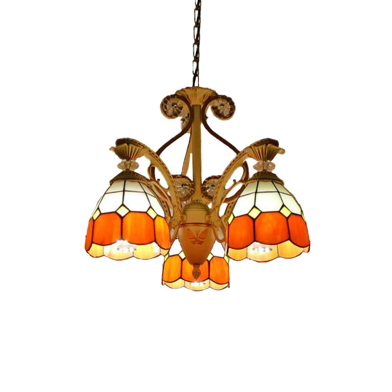 19"/19.5" W Orange/Blue Cut Glass Pendant Chandelier Dome 3/5 Lights Baroque Grid Patterned Ceiling Lamp with Curved Arm Clearhalo 'Ceiling Lights' 'Chandeliers' 'Industrial' 'Middle Century Chandeliers' 'Tiffany Chandeliers' 'Tiffany close to ceiling' 'Tiffany' Lighting' 1926802