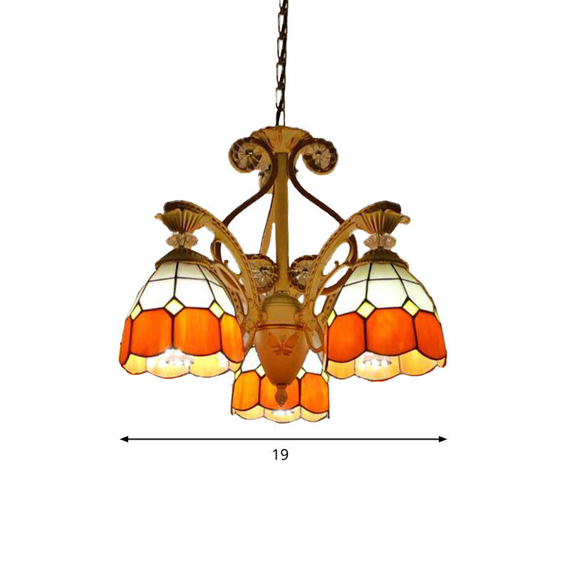 19"/19.5" W Orange/Blue Cut Glass Pendant Chandelier Dome 3/5 Lights Baroque Grid Patterned Ceiling Lamp with Curved Arm Clearhalo 'Ceiling Lights' 'Chandeliers' 'Industrial' 'Middle Century Chandeliers' 'Tiffany Chandeliers' 'Tiffany close to ceiling' 'Tiffany' Lighting' 1926803