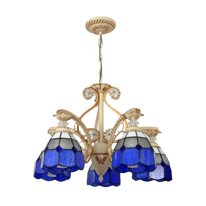 19"/19.5" W Orange/Blue Cut Glass Pendant Chandelier Dome 3/5 Lights Baroque Grid Patterned Ceiling Lamp with Curved Arm Clearhalo 'Ceiling Lights' 'Chandeliers' 'Industrial' 'Middle Century Chandeliers' 'Tiffany Chandeliers' 'Tiffany close to ceiling' 'Tiffany' Lighting' 1926806