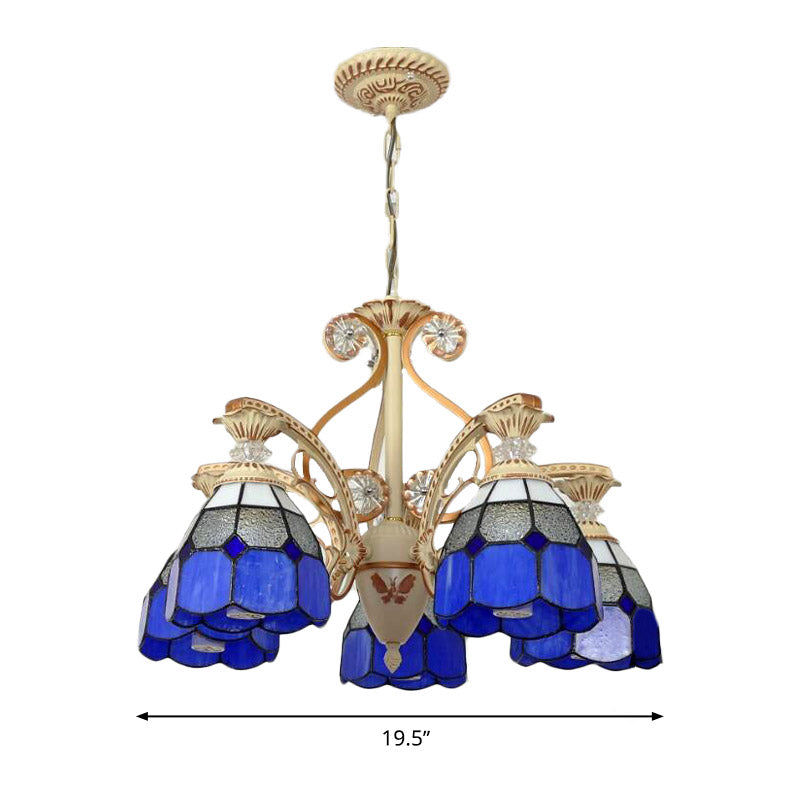 19"/19.5" W Orange/Blue Cut Glass Pendant Chandelier Dome 3/5 Lights Baroque Grid Patterned Ceiling Lamp with Curved Arm Clearhalo 'Ceiling Lights' 'Chandeliers' 'Industrial' 'Middle Century Chandeliers' 'Tiffany Chandeliers' 'Tiffany close to ceiling' 'Tiffany' Lighting' 1926807