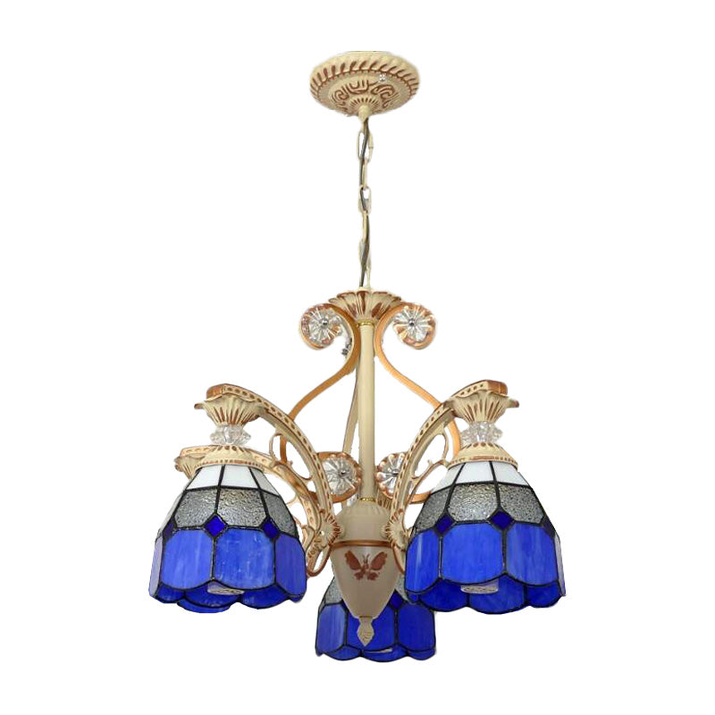 19"/19.5" W Orange/Blue Cut Glass Pendant Chandelier Dome 3/5 Lights Baroque Grid Patterned Ceiling Lamp with Curved Arm Clearhalo 'Ceiling Lights' 'Chandeliers' 'Industrial' 'Middle Century Chandeliers' 'Tiffany Chandeliers' 'Tiffany close to ceiling' 'Tiffany' Lighting' 1926811