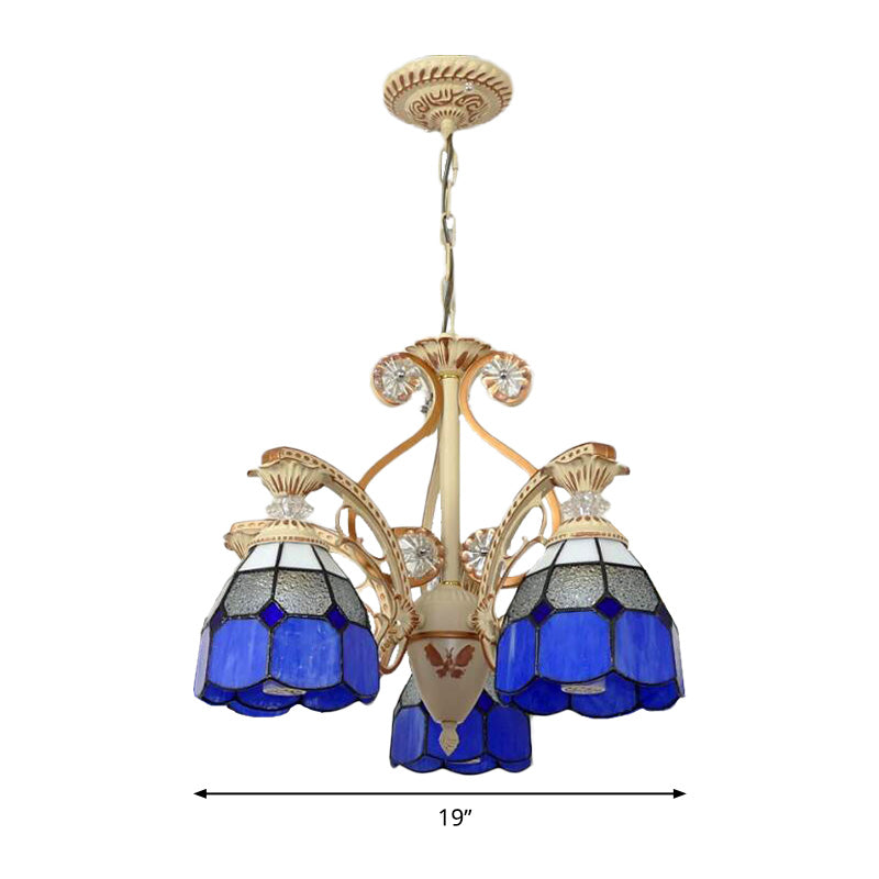19"/19.5" W Orange/Blue Cut Glass Pendant Chandelier Dome 3/5 Lights Baroque Grid Patterned Ceiling Lamp with Curved Arm Clearhalo 'Ceiling Lights' 'Chandeliers' 'Industrial' 'Middle Century Chandeliers' 'Tiffany Chandeliers' 'Tiffany close to ceiling' 'Tiffany' Lighting' 1926812