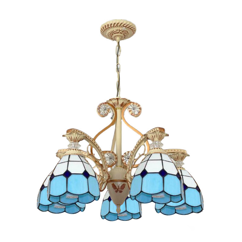 19"/19.5" W Orange/Blue Cut Glass Pendant Chandelier Dome 3/5 Lights Baroque Grid Patterned Ceiling Lamp with Curved Arm Clearhalo 'Ceiling Lights' 'Chandeliers' 'Industrial' 'Middle Century Chandeliers' 'Tiffany Chandeliers' 'Tiffany close to ceiling' 'Tiffany' Lighting' 1926814