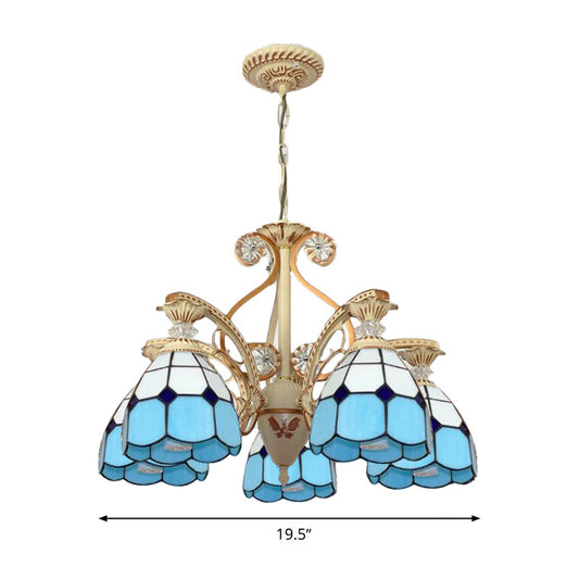 19"/19.5" W Orange/Blue Cut Glass Pendant Chandelier Dome 3/5 Lights Baroque Grid Patterned Ceiling Lamp with Curved Arm Clearhalo 'Ceiling Lights' 'Chandeliers' 'Industrial' 'Middle Century Chandeliers' 'Tiffany Chandeliers' 'Tiffany close to ceiling' 'Tiffany' Lighting' 1926815