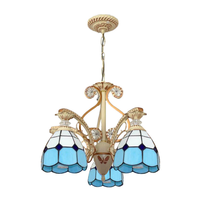 19"/19.5" W Orange/Blue Cut Glass Pendant Chandelier Dome 3/5 Lights Baroque Grid Patterned Ceiling Lamp with Curved Arm Clearhalo 'Ceiling Lights' 'Chandeliers' 'Industrial' 'Middle Century Chandeliers' 'Tiffany Chandeliers' 'Tiffany close to ceiling' 'Tiffany' Lighting' 1926820