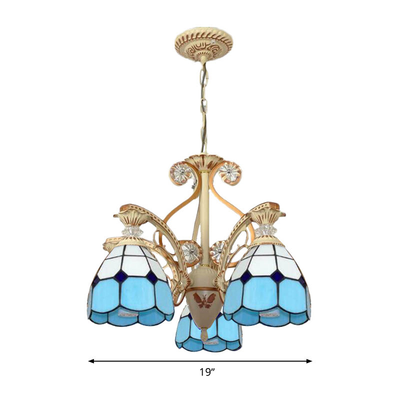 19"/19.5" W Orange/Blue Cut Glass Pendant Chandelier Dome 3/5 Lights Baroque Grid Patterned Ceiling Lamp with Curved Arm Clearhalo 'Ceiling Lights' 'Chandeliers' 'Industrial' 'Middle Century Chandeliers' 'Tiffany Chandeliers' 'Tiffany close to ceiling' 'Tiffany' Lighting' 1926821
