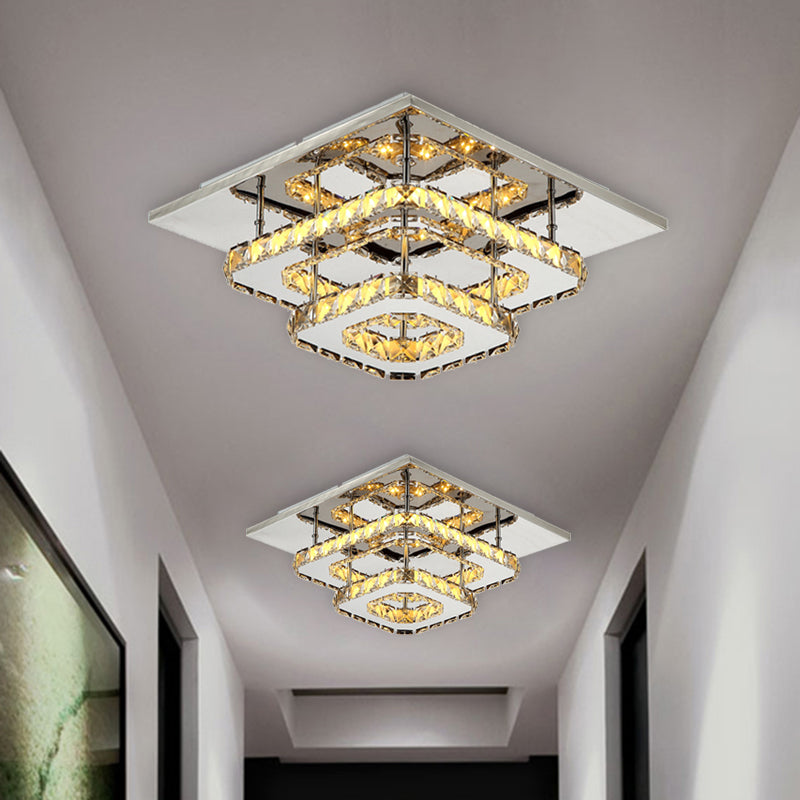 Square Layered Flush Mount Light Modern Amber Crystal Block Ceiling Light in Chrome Clearhalo 'Ceiling Lights' 'Close To Ceiling Lights' 'Close to ceiling' 'Semi-flushmount' Lighting' 1926824