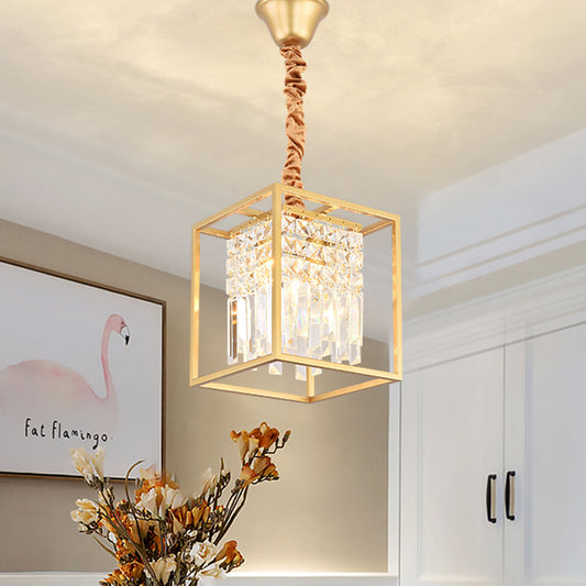 Cube Metal Cage Pendant Light Crystal Ceiling Light for Dining Room Gold Clearhalo 'Ceiling Lights' 'Chandeliers' 'Modern Chandeliers' 'Modern' Lighting' 1926899