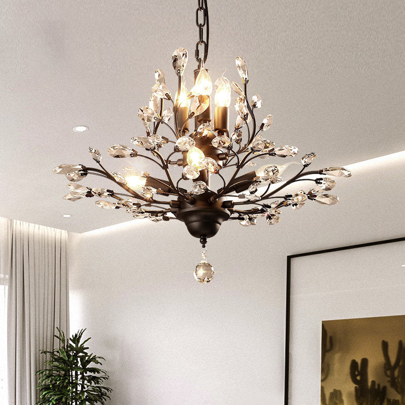 Candle Bare Bulb Metal Chandelier Crystal Teardrop Chandelier with Crystal Ball Final 7 Black Clearhalo 'Ceiling Lights' 'Chandeliers' 'Modern Chandeliers' 'Modern' Lighting' 1926941