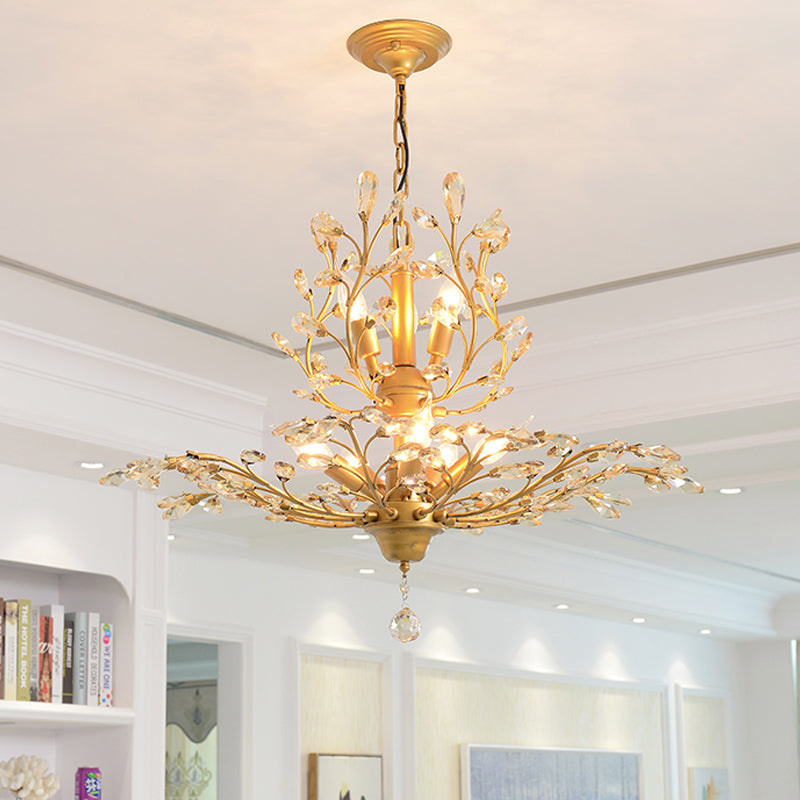 Candle Bare Bulb Metal Chandelier Crystal Teardrop Chandelier with Crystal Ball Final 8 Gold Clearhalo 'Ceiling Lights' 'Chandeliers' 'Modern Chandeliers' 'Modern' Lighting' 1926954