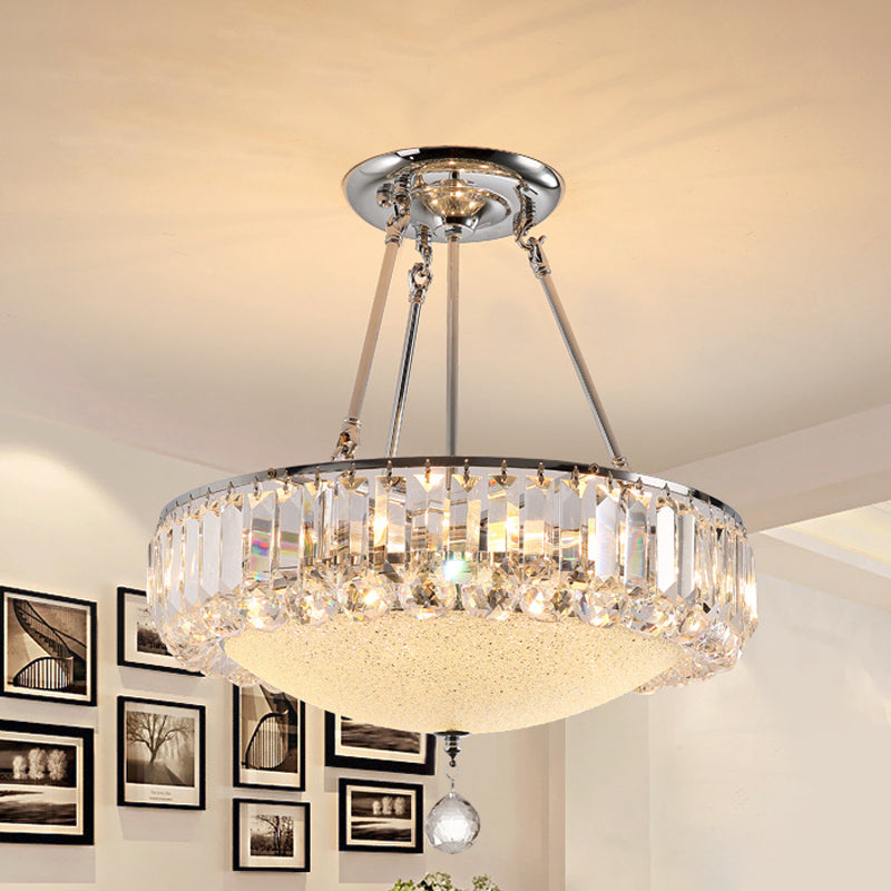 Cylinder Chrome Crystal Pendant Light Frosted Glass Panel Pendant Chandelier with Crystal Drop Final Clearhalo 'Ceiling Lights' 'Chandeliers' 'Clear' 'Industrial' 'Modern Chandeliers' 'Modern' 'Tiffany' 'Traditional Chandeliers' Lighting' 1927043