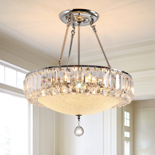 Cylinder Chrome Crystal Pendant Light Frosted Glass Panel Pendant Chandelier with Crystal Drop Final Clear Clearhalo 'Ceiling Lights' 'Chandeliers' 'Clear' 'Industrial' 'Modern Chandeliers' 'Modern' 'Tiffany' 'Traditional Chandeliers' Lighting' 1927044