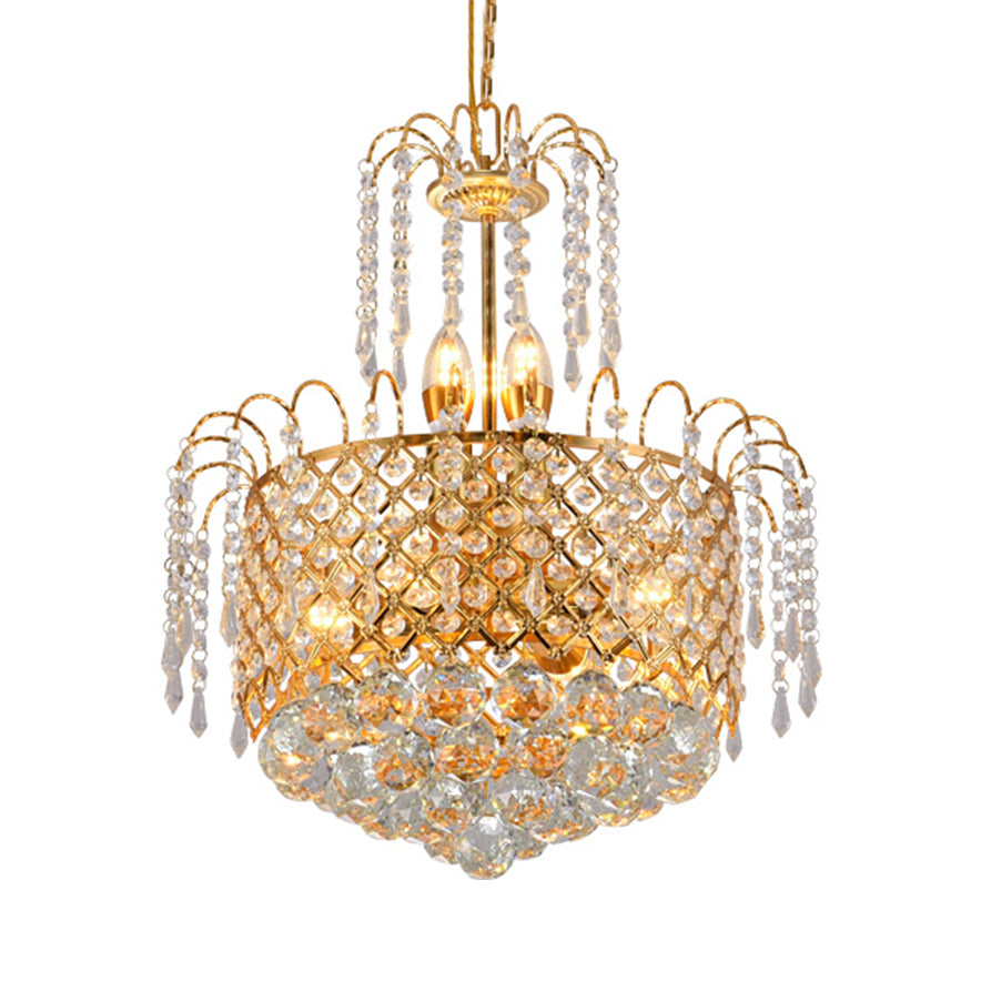 Gold Cutout Metal Shade Chandelier Crystal Balls and Strands Drum Pendent Chandelier Gold 19.5" Clearhalo 'Ceiling Lights' 'Chandeliers' 'Modern Chandeliers' 'Modern' Lighting' 1927050