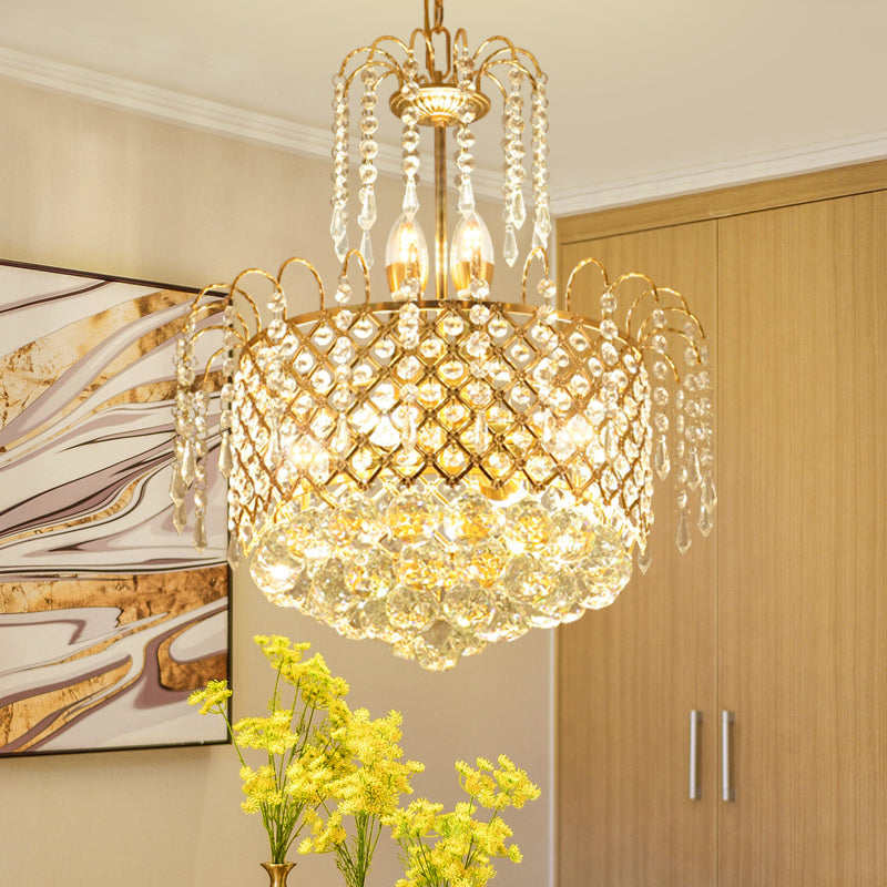 Gold Cutout Metal Shade Chandelier Crystal Balls and Strands Drum Pendent Chandelier Clearhalo 'Ceiling Lights' 'Chandeliers' 'Modern Chandeliers' 'Modern' Lighting' 1927051