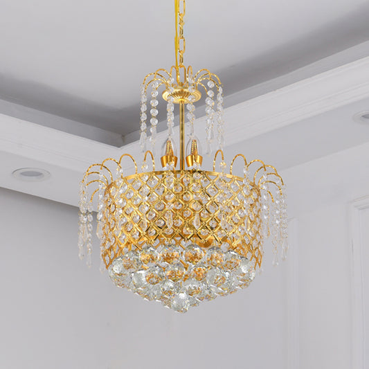 Gold Cutout Metal Shade Chandelier Crystal Balls and Strands Drum Pendent Chandelier Clearhalo 'Ceiling Lights' 'Chandeliers' 'Modern Chandeliers' 'Modern' Lighting' 1927052