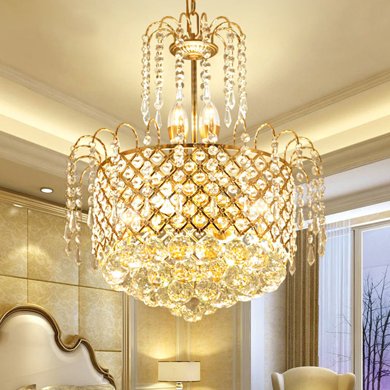 Gold Cutout Metal Shade Chandelier Crystal Balls and Strands Drum Pendent Chandelier Clearhalo 'Ceiling Lights' 'Chandeliers' 'Modern Chandeliers' 'Modern' Lighting' 1927053
