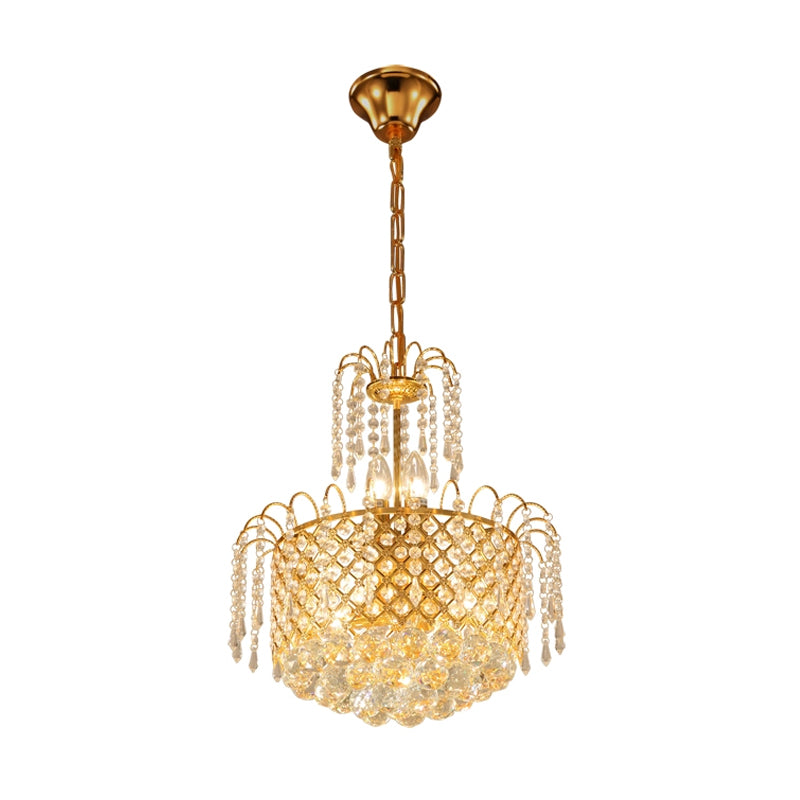 Gold Cutout Metal Shade Chandelier Crystal Balls and Strands Drum Pendent Chandelier Clearhalo 'Ceiling Lights' 'Chandeliers' 'Modern Chandeliers' 'Modern' Lighting' 1927054
