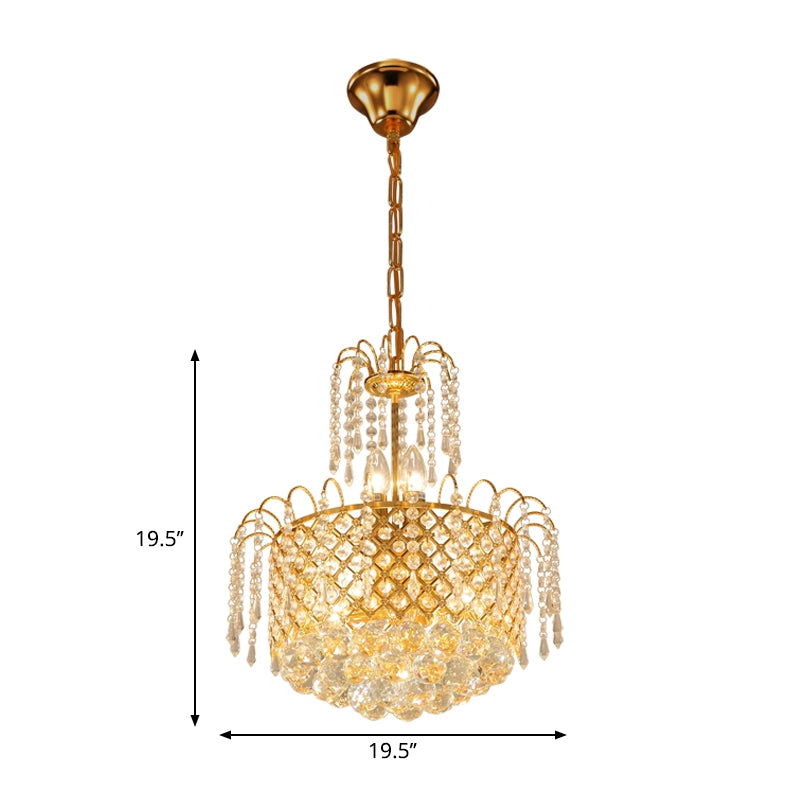 Gold Cutout Metal Shade Chandelier Crystal Balls and Strands Drum Pendent Chandelier Clearhalo 'Ceiling Lights' 'Chandeliers' 'Modern Chandeliers' 'Modern' Lighting' 1927056