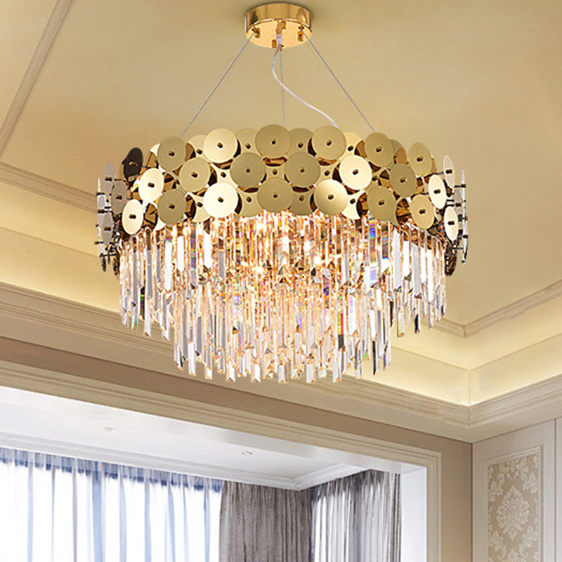 Tier Crystal Rods Chandelier Glam Gold Metal Drum Shade Ceiling Light Clearhalo 'Ceiling Lights' 'Chandeliers' 'Modern Chandeliers' 'Modern' Lighting' 1927153