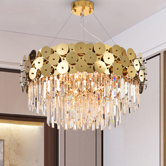 Tier Crystal Rods Chandelier Glam Gold Metal Drum Shade Ceiling Light Gold Clearhalo 'Ceiling Lights' 'Chandeliers' 'Modern Chandeliers' 'Modern' Lighting' 1927154