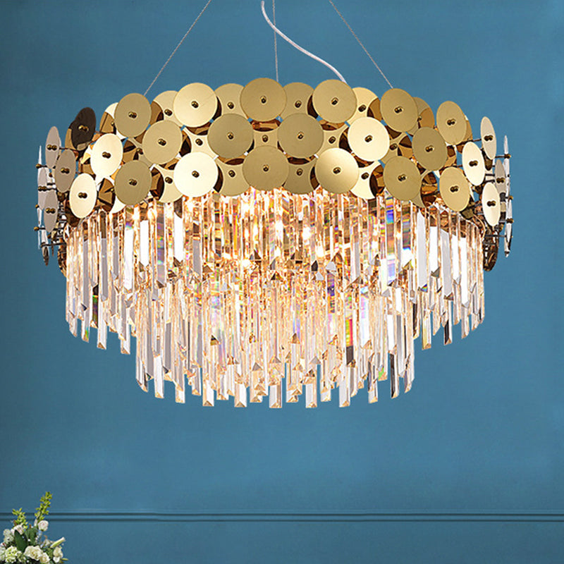 Tier Crystal Rods Chandelier Glam Gold Metal Drum Shade Ceiling Light Clearhalo 'Ceiling Lights' 'Chandeliers' 'Modern Chandeliers' 'Modern' Lighting' 1927155